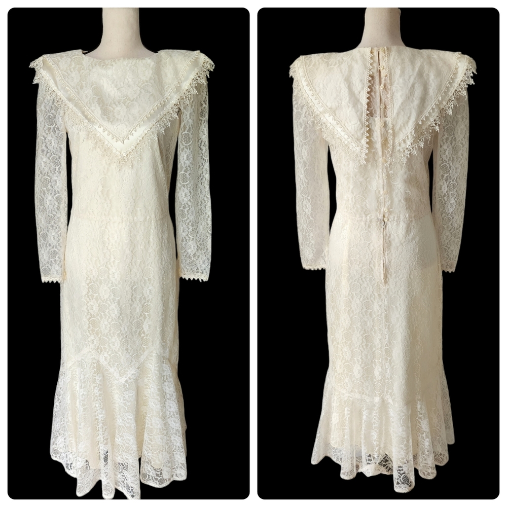 Vintage 80s Jessica McClintock Lace Ivory Wedding Dress Size 8